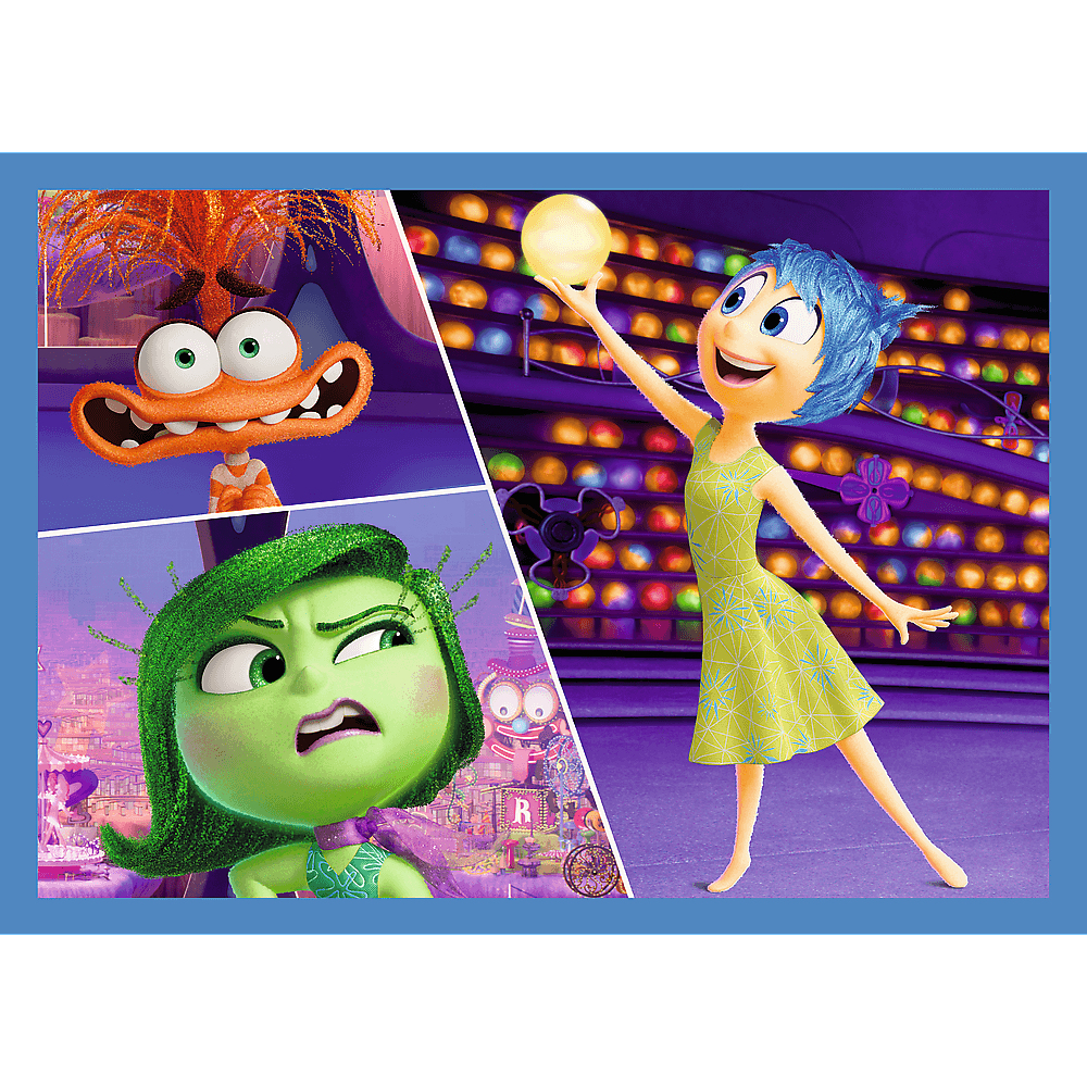 Personnages animés de Vice-Versa : Joie, Dégoût, Peur. Joie tient un orbe lumineux. Dégoût a l'air ennuyée. Peur a l'air effrayé.