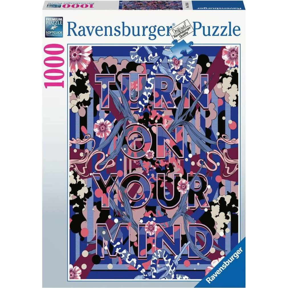 Scatola di puzzle con sfondo blu, design floreale e le parole 'TURN ON YOUR MIND'.