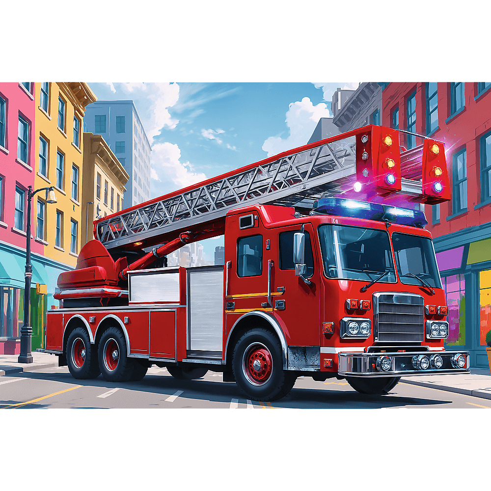 Ein rotes Feuerwehrauto mit einer Leiter ragt darüber hinaus. Der Wagen steht auf einer Straße mit Gebäuden unter blauem Himmel.