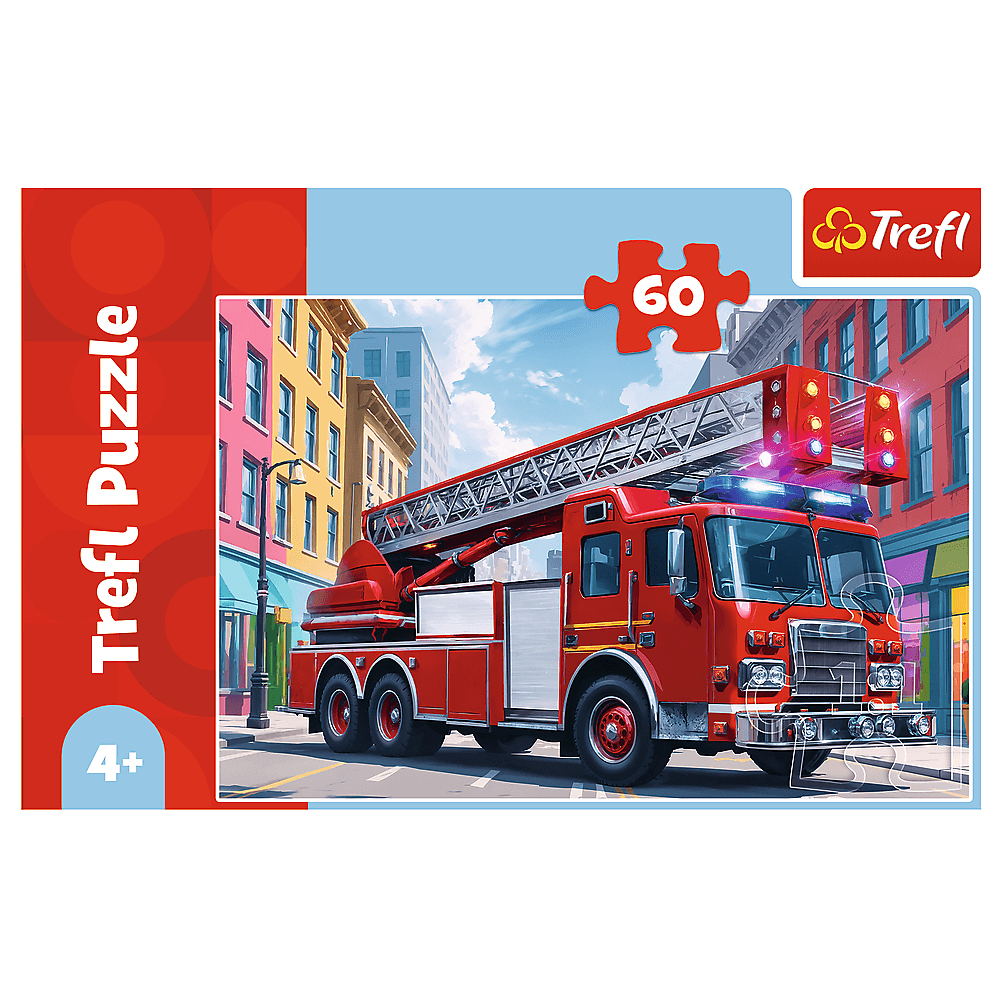 Ein rotes Feuerwehrauto mit einer Leiter erstreckt sich zum Himmel. Gebäude säumen die Straße, und ein Puzzleteil ist oben.