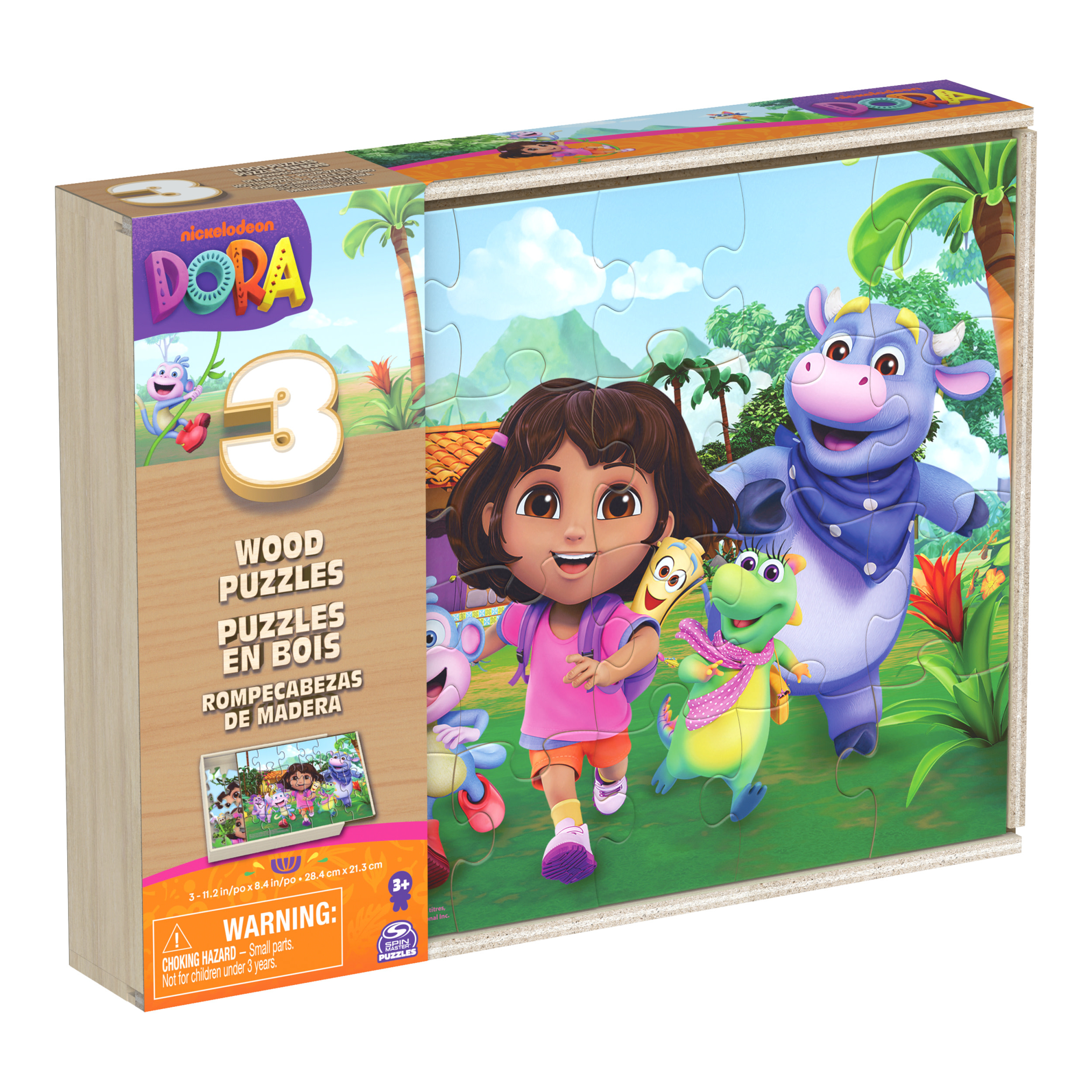 Scatola puzzle di Dora l'Esploratrice. Dora e amici camminano in una scena della giungla.