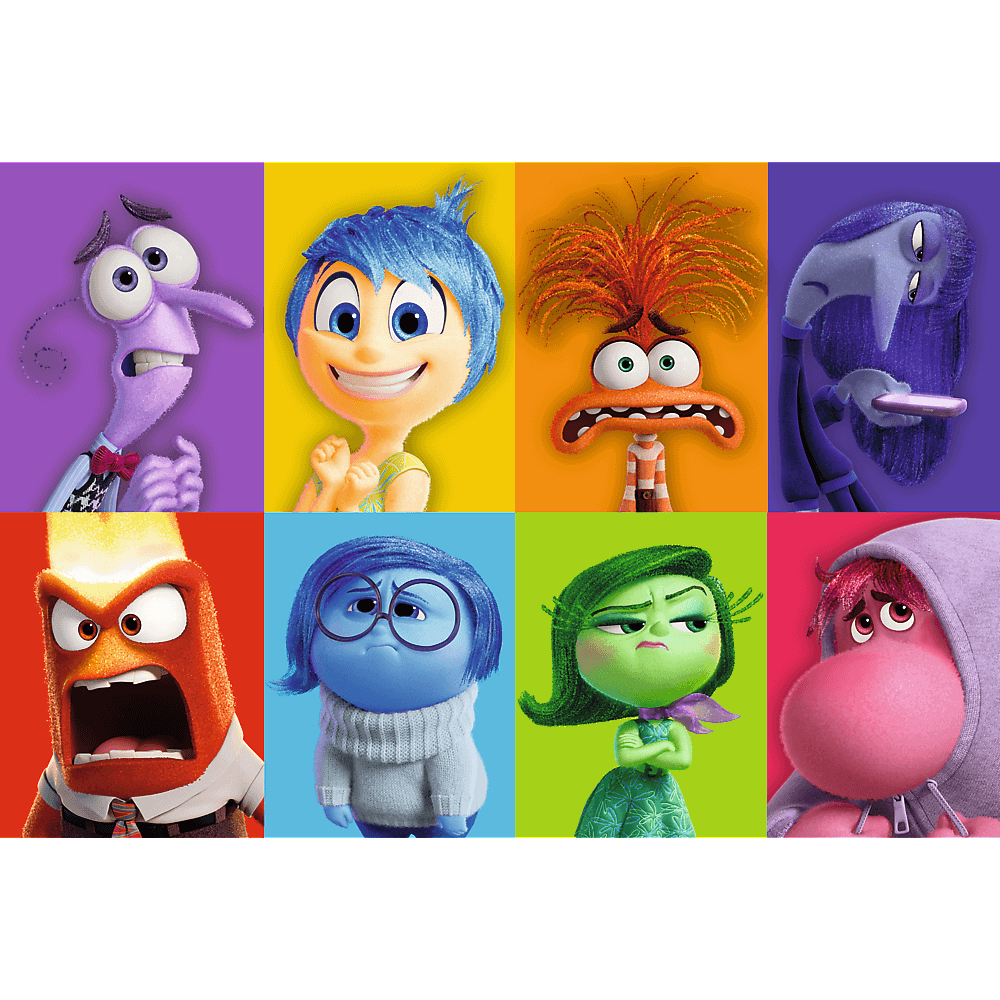 Huit personnages de dessins animés représentant des émotions du film Vice-versa, chacun avec un arrière-plan de couleur différente.