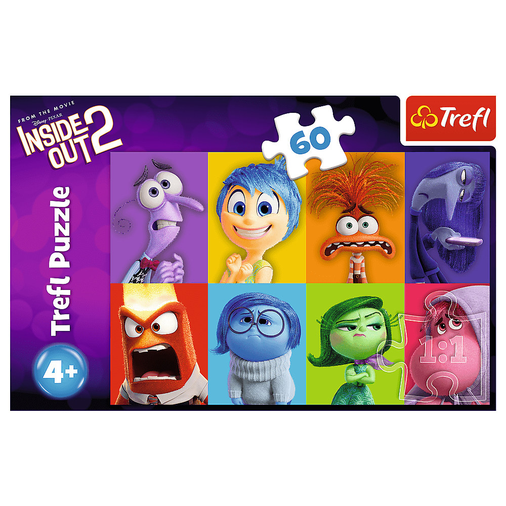 Boîte de puzzle de Inside Out 2 avec des personnages comme Joie et Tristesse. Le logo Trefl et le nombre de pièces '60' sont visibles.