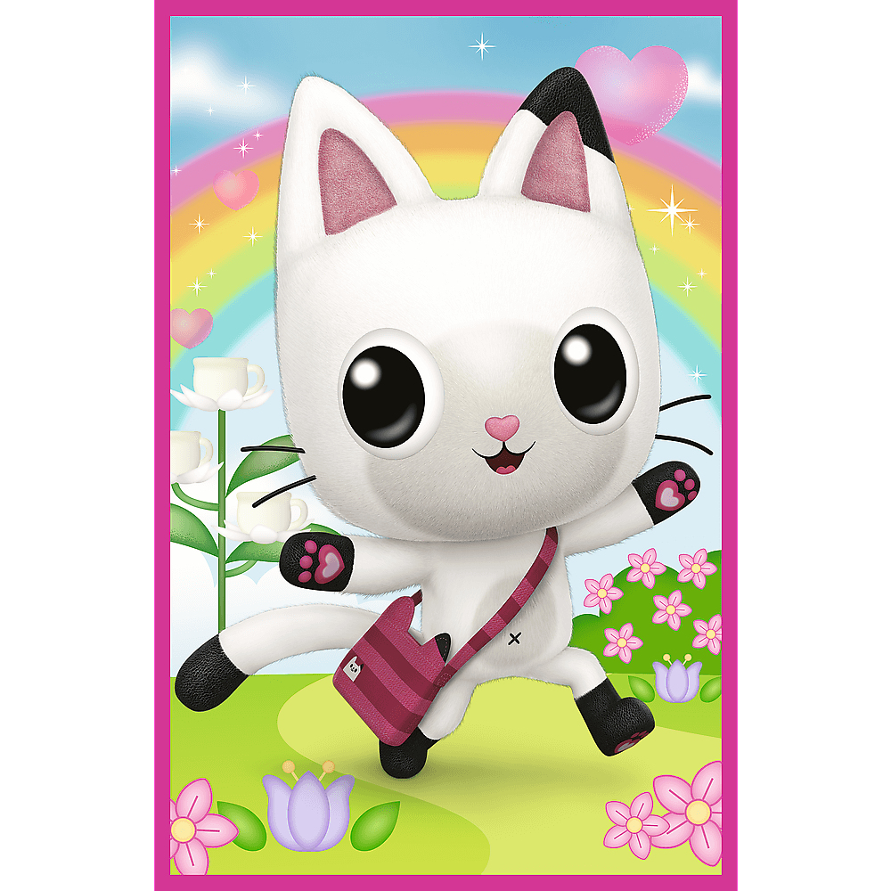 Personnage de chat blanc avec de grands yeux, un nez rose et un sac. Arc-en-ciel, fleurs et cœurs en arrière-plan, le tout dans un cadre rose.