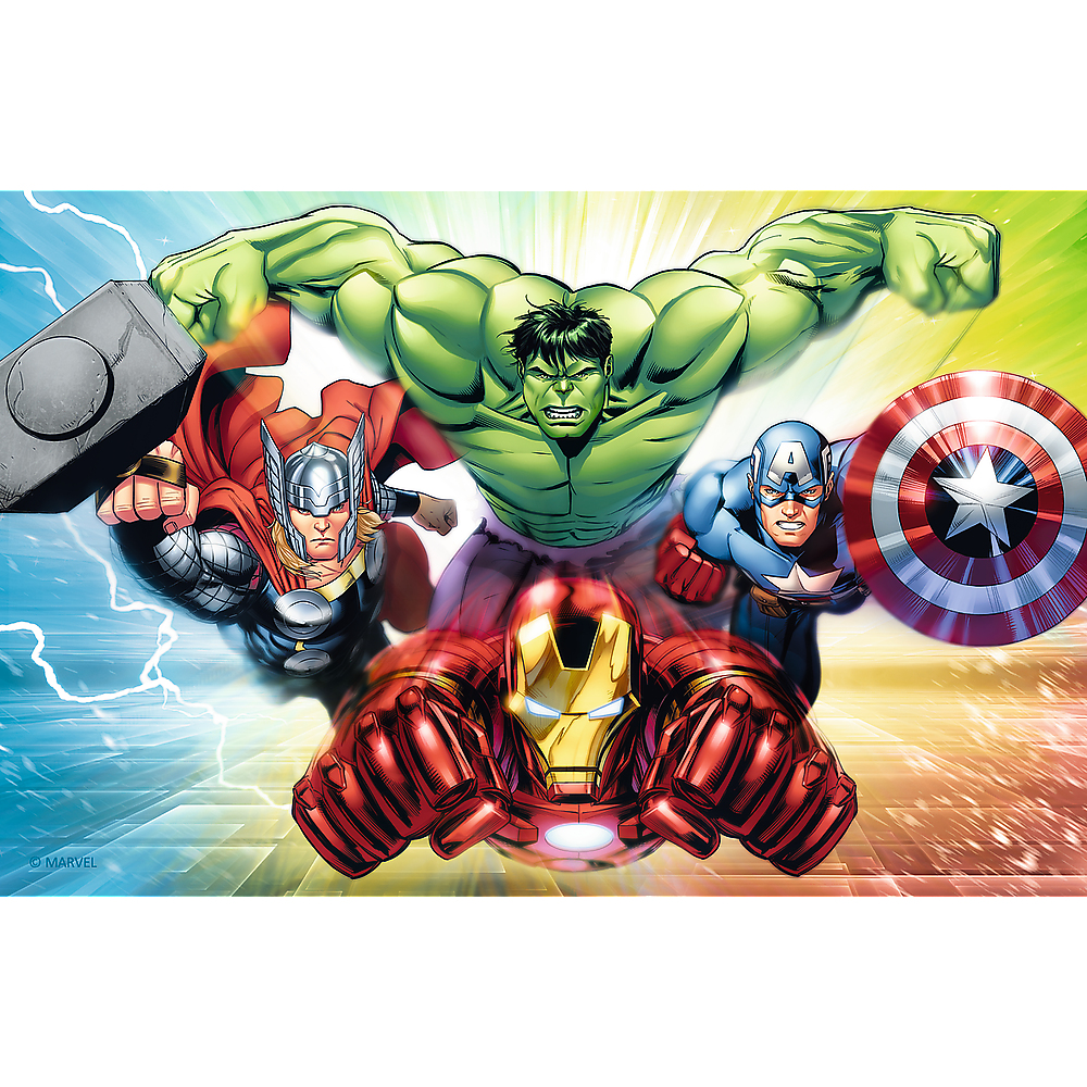 ¡Los Vengadores se unen! Hulk, Thor, Iron Man, Capitán América y su escudo se presentan con un fondo colorido.