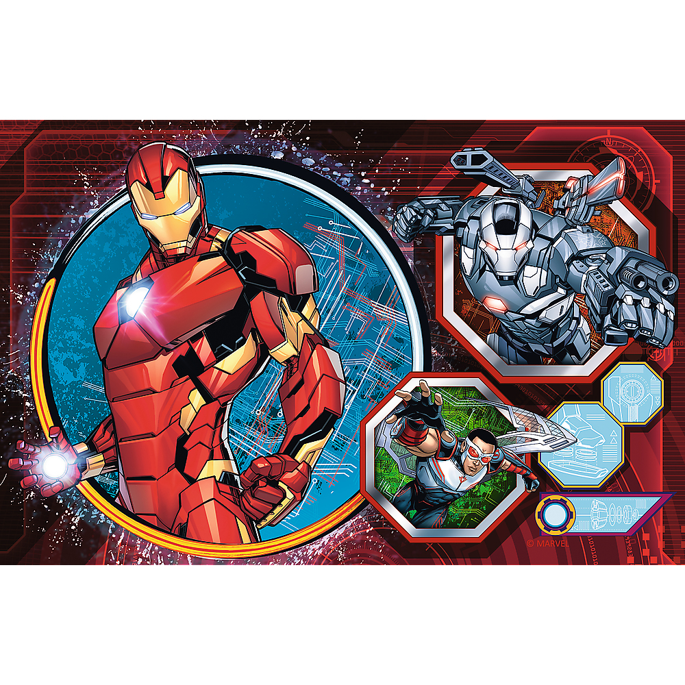Imagen estilo cómic de Iron Man, War Machine y Falcon. Iron Man en armadura roja, War Machine en gris, Falcon en negro y rojo.