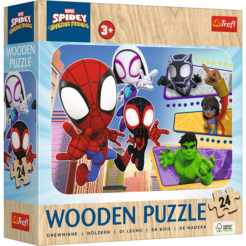 Une boîte de puzzle en bois Spidey and his Amazing Friends. Comprend Spiderman, Ghost-Spider, Miles Morales, Hulk et Ms. Marvel.