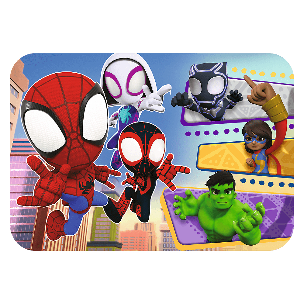 Image de style BD avec Spider-Man, Spider-Gwen, Miles Morales, Black Panther, Hulk et Ms. Marvel, fond de ville.