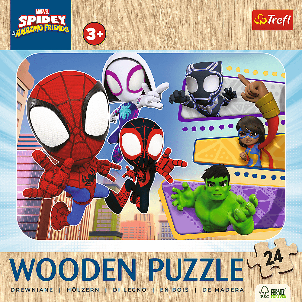 Un puzzle en bois de Spidey et ses Amazing Friends. Avec Spider-Man, Ghost-Spider, Miles Morales, Black Panther, Ms. Marvel et Hulk.