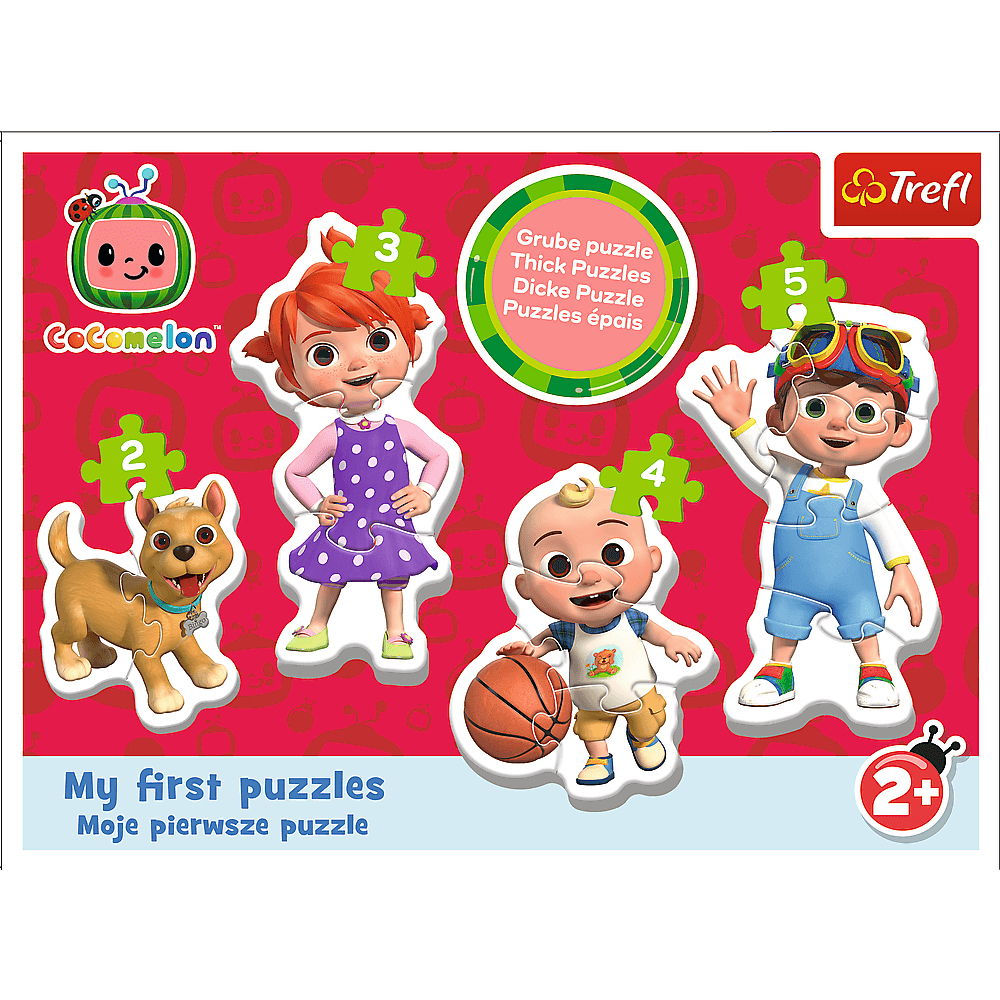 Puzzledose mit Cocomelon-Figuren. Enthält einen Hund, ein Mädchen in lila Kleid, ein Baby mit Ball und einen Jungen mit Brille.