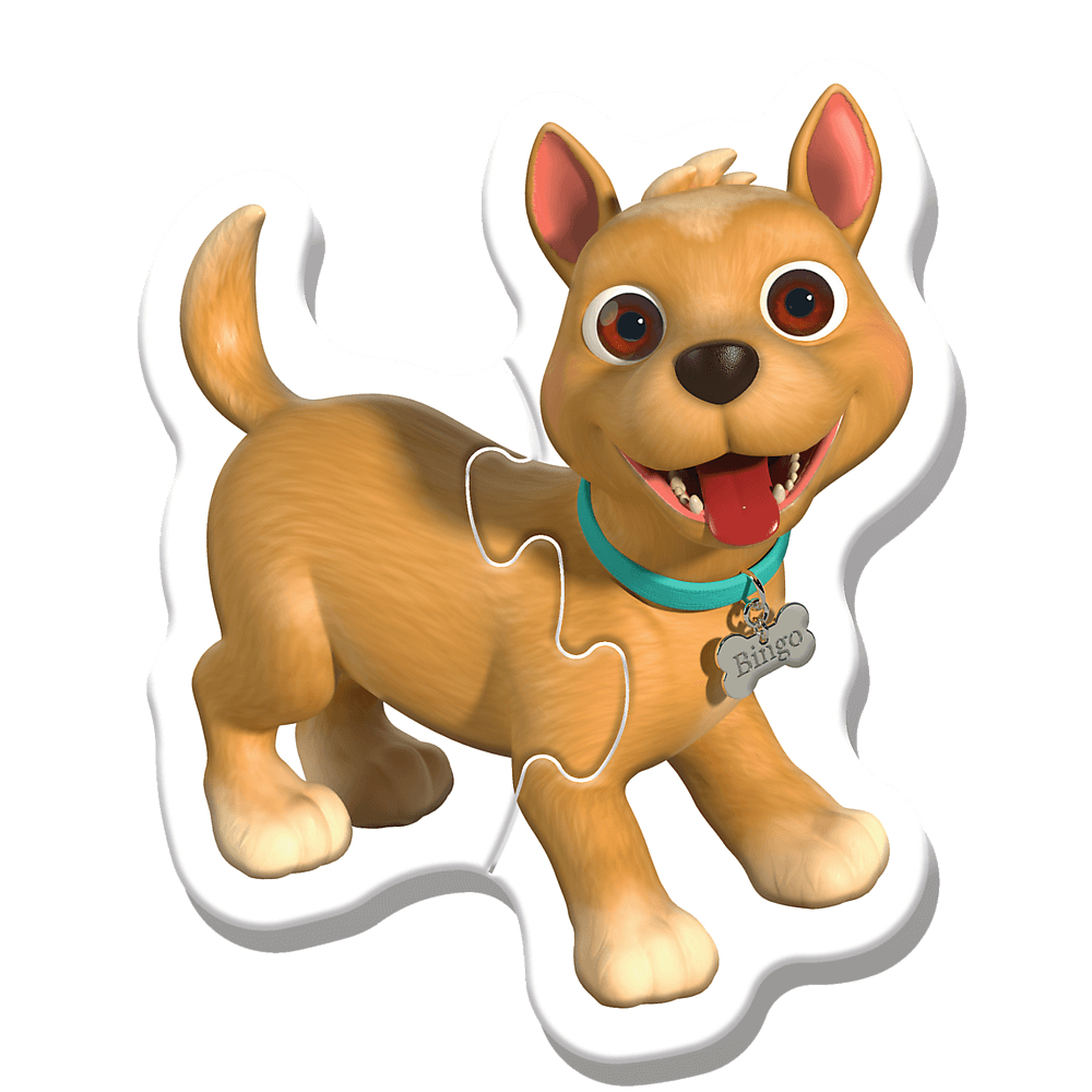 Cartoon-Hund-Puzzleteil. Hellbraunes Fell, blauer Kragen, Etikett mit der Aufschrift Bingo. Lächelt mit herausgestreckter Zunge. Weißer Hintergrund.