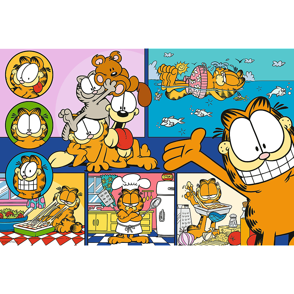 Kreskówka Garfield. Garfield w różnych scenach: z przyjaciółmi, pływający, gotujący i jedzący. Jasne kolory i styl komiksowy.