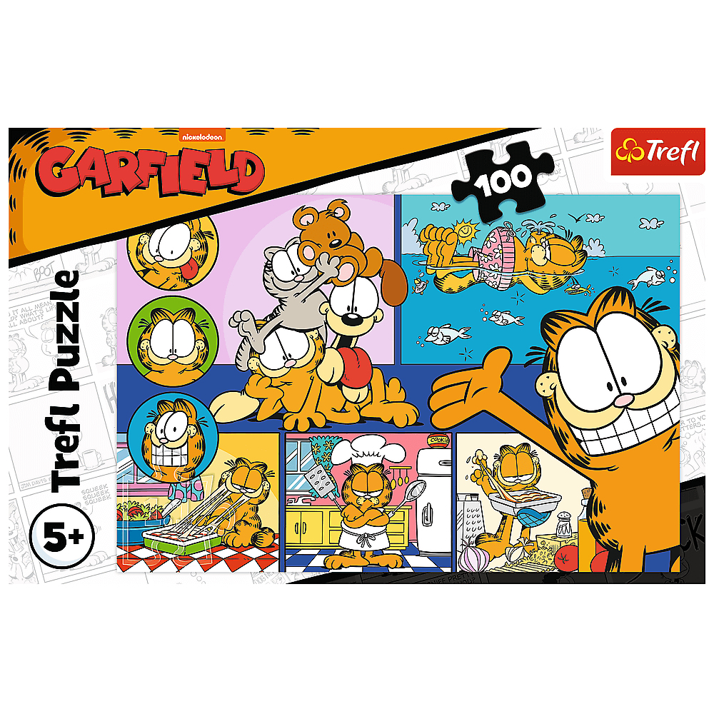 Pudełko z puzzlami Garfield. Zawiera Garfielda, Odie i inne postacie w różnych scenach, w tym gotowanie i relaks.