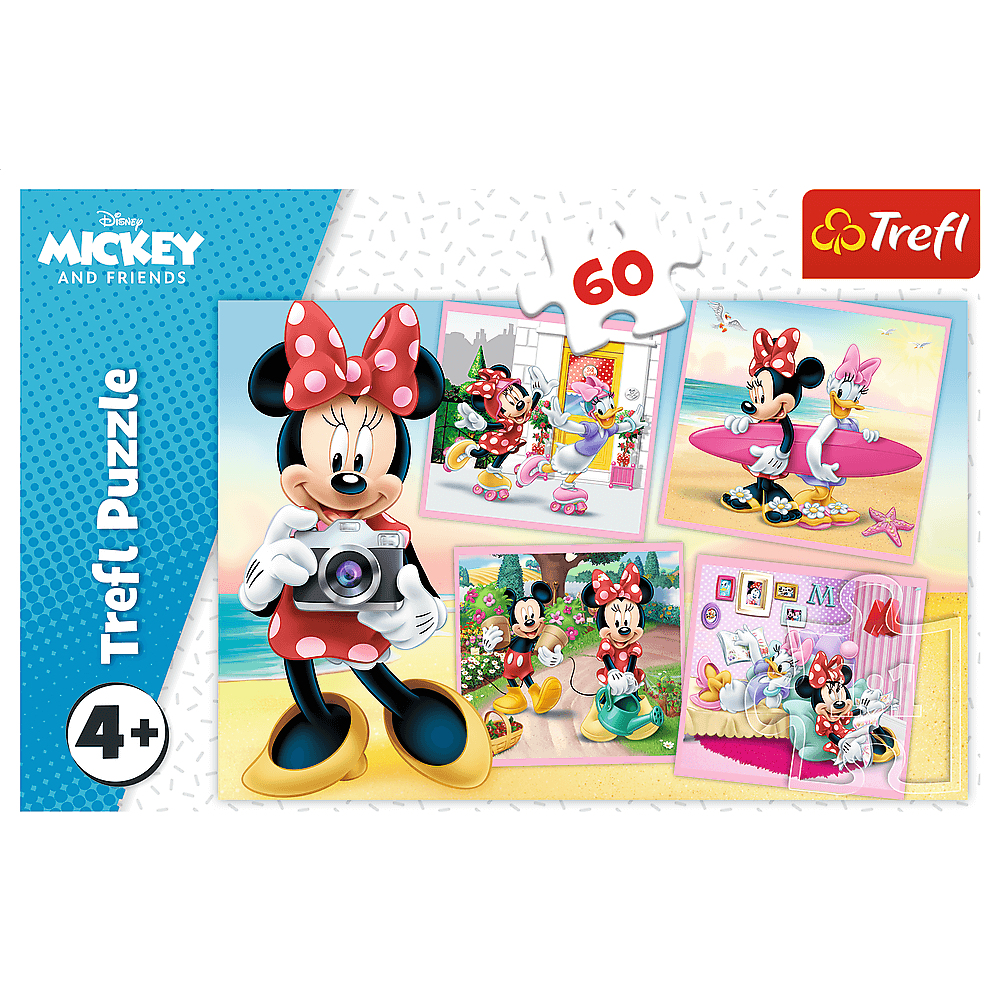 Puzzle z Myszki Minnie. Minnie trzyma aparat, inne obrazy pokazują Minnie i jej przyjaciół wykonujących różne czynności.