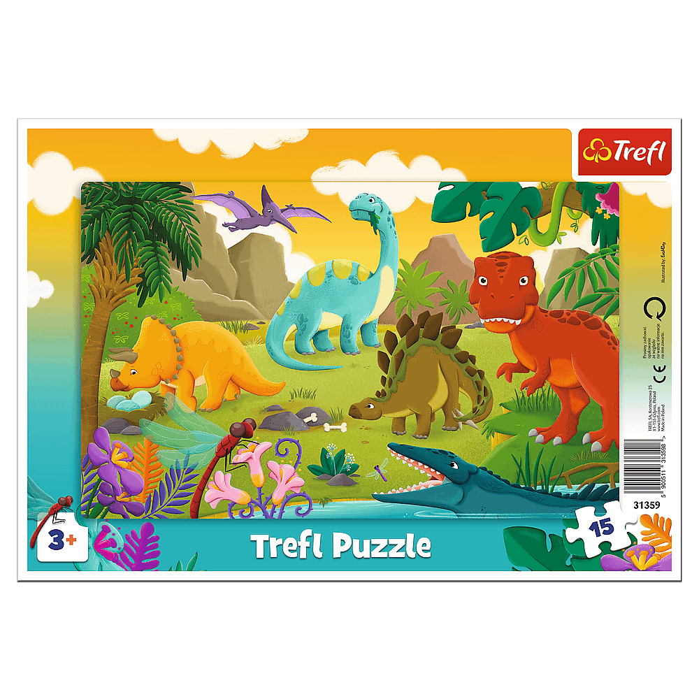 Puzzle Trefl przedstawia różne dinozaury w prehistorycznym krajobrazie. Zawiera pterodaktyla, Triceratopsa i inne dinozaury.