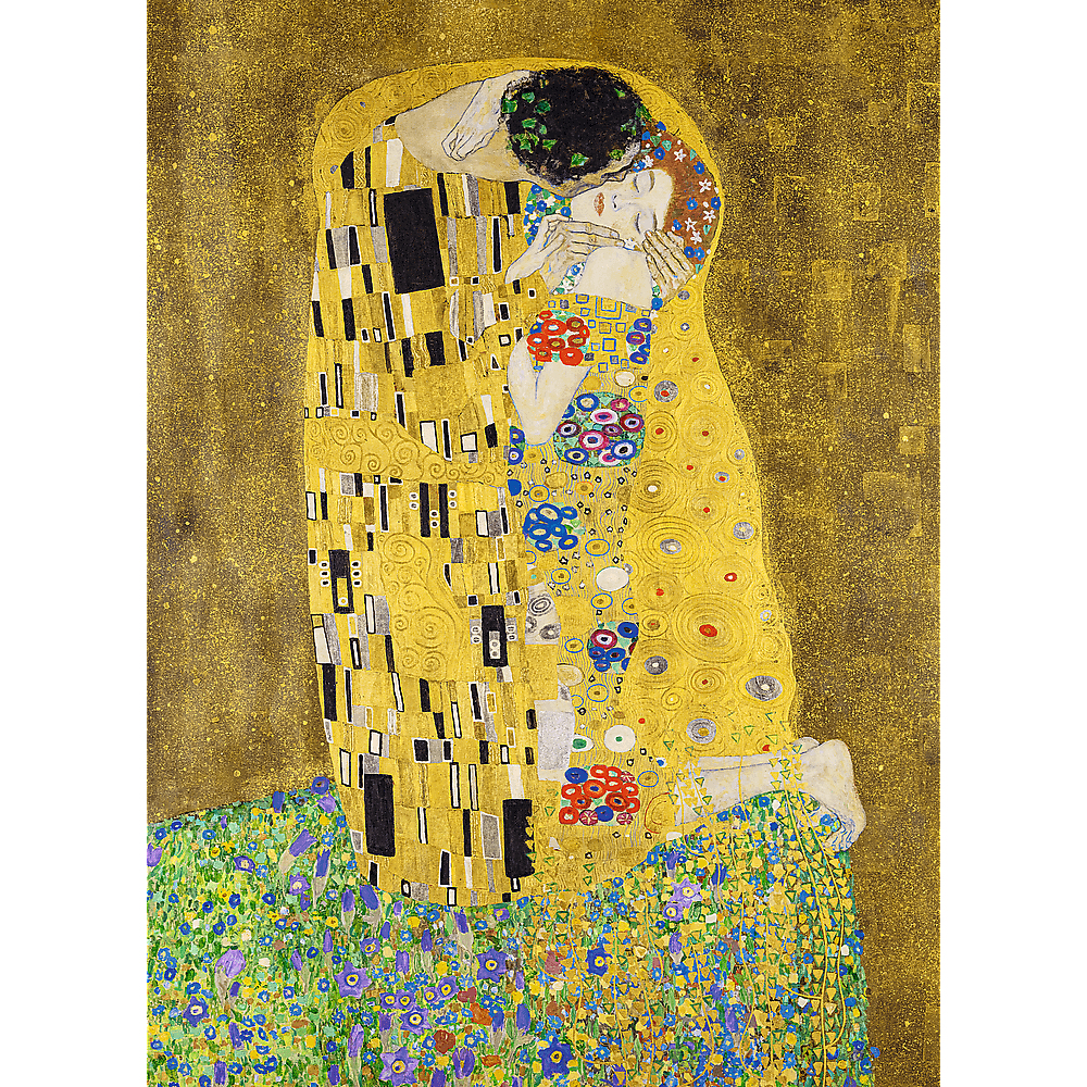 Der Kuss von Gustav Klimt. Ein Paar umarmt sich, in Gold gehüllt. Die Frau hat einen Blumenschmuck und der Mann hat schwarzes Haar. Hintergrund ist Gold.