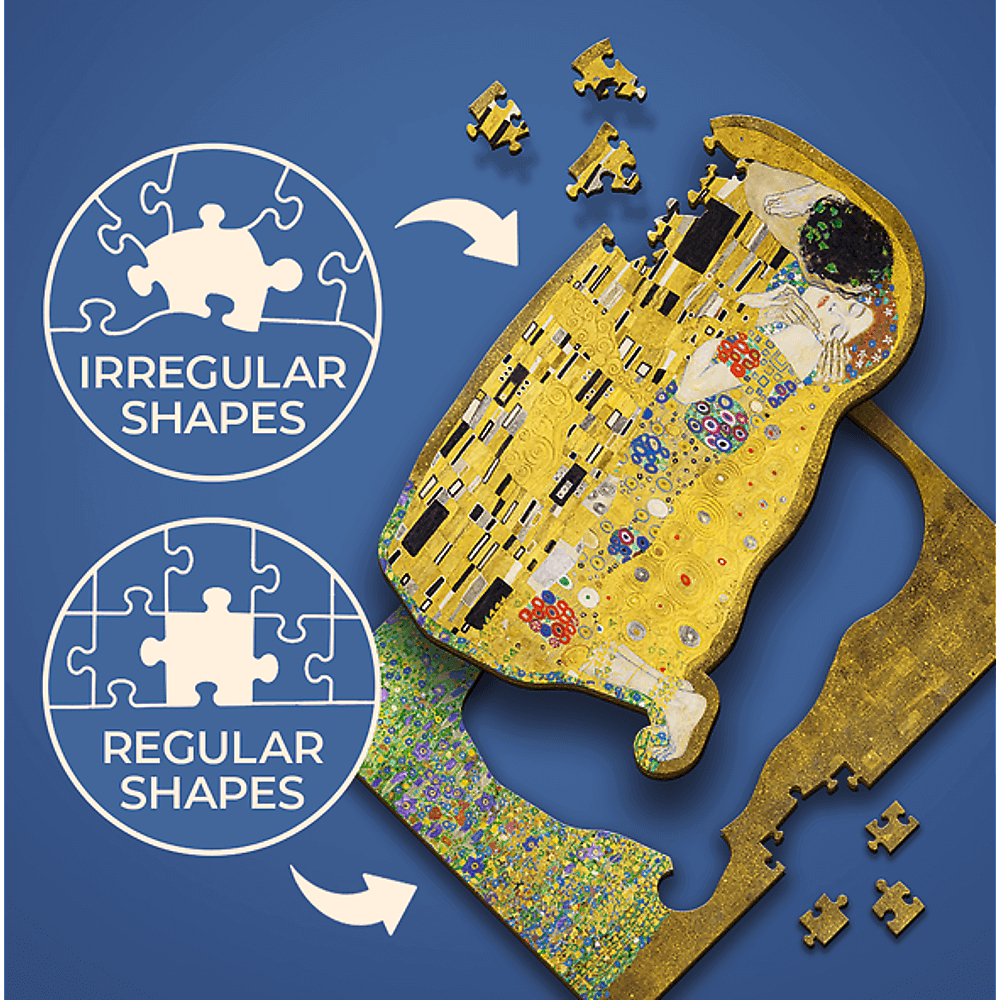 Ein Puzzle von Gustav Klimts 'Der Kuss', mit unregelmäßigen und regelmäßigen Formoptionen. Teile liegen vor blauem Hintergrund.