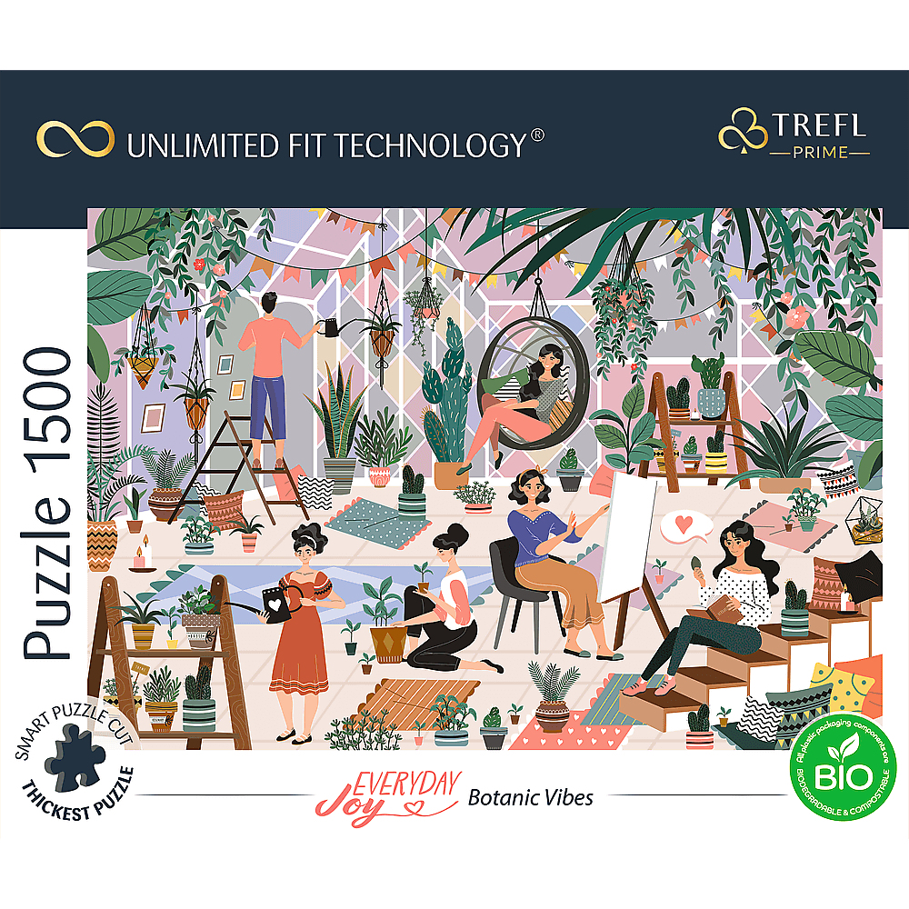 Ein Puzzlemotiv zeigt Menschen in einem Gewächshaus mit Pflanzen. Einige gießen, malen oder entspannen sich. Die Szene ist voller Grün.
