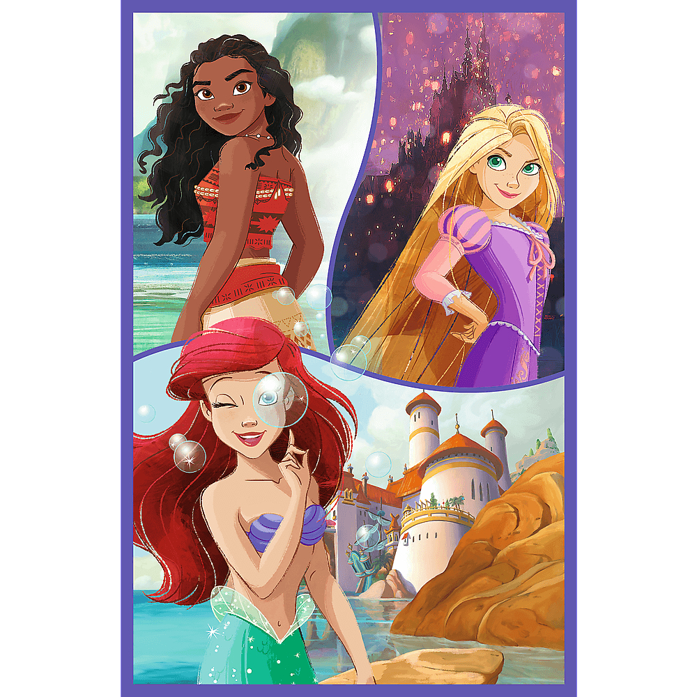 Drei Disney-Prinzessinnen: Moana, Rapunzel und Ariel. Moana trägt ein rotes Oberteil, Rapunzel lila, Ariel hat rotes Haar und einen grünen Schwanz.