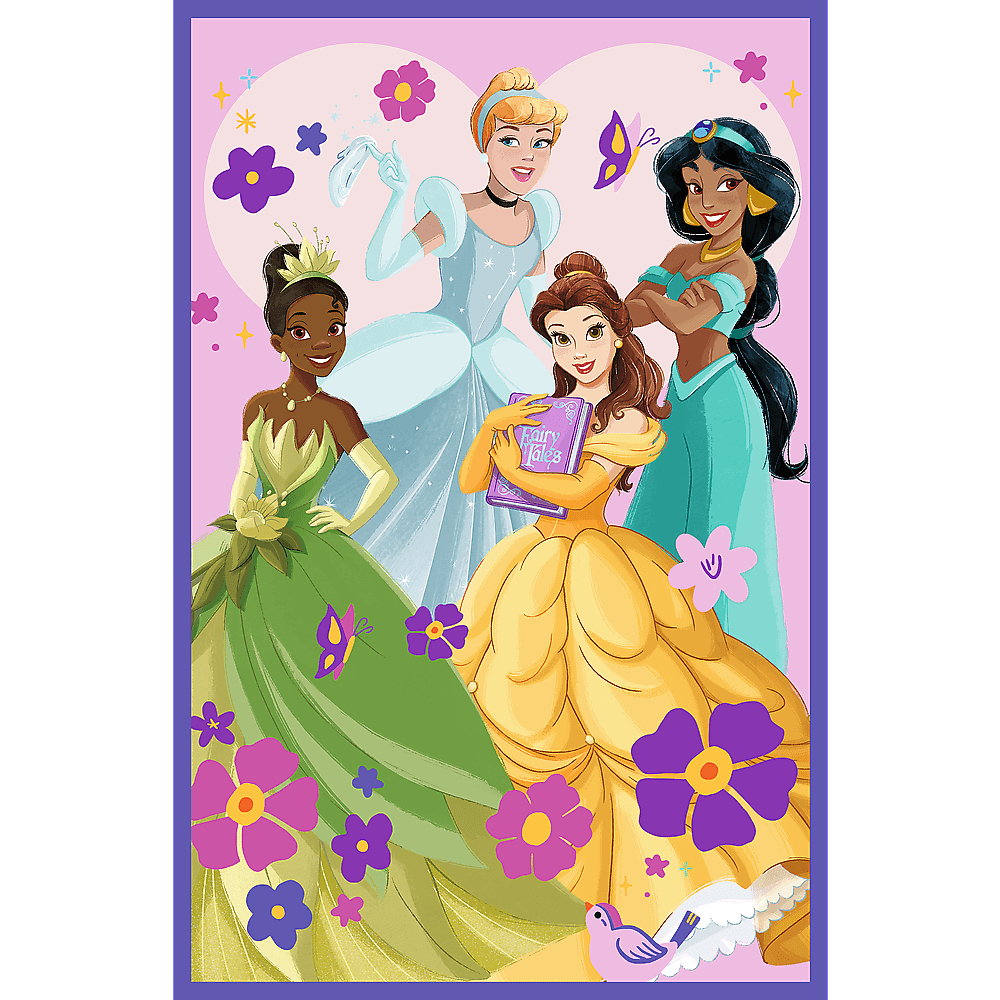Vier Disney-Prinzessinnen stehen zusammen. Tiana, Cinderella, Belle und Jasmine werden mit Blumen und Schmetterlingen im Hintergrund gezeigt.