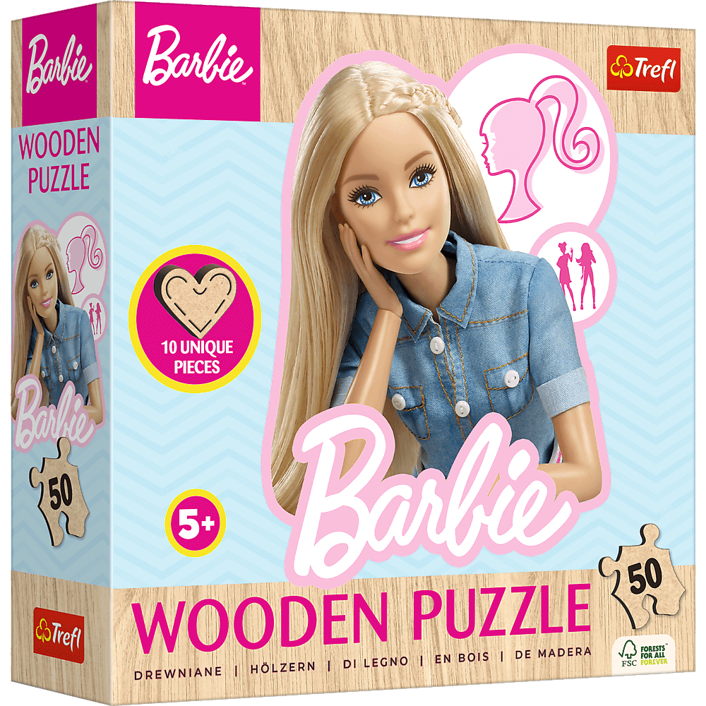 Boîte de puzzle en bois Barbie. Image de poupée Barbie avec cheveux blonds et yeux bleus. Palette de couleurs rose et bleu.