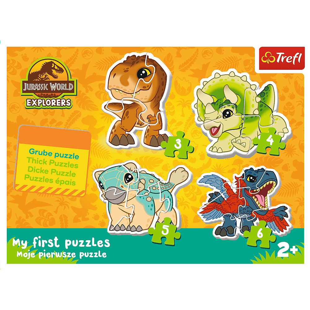 Ein Jurassic World Puzzle mit vier Dinosaurier-Puzzles. Die Puzzles sind mit 3, 4, 5 und 6 nummeriert. Der Hintergrund ist gelb mit einem Blattmuster.