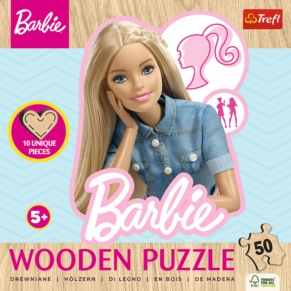 Boîte de puzzle en bois Barbie. Le visage de Barbie est au milieu. Logo Barbie rose, âge 5+, 50 pièces et logo Trefl également visibles.