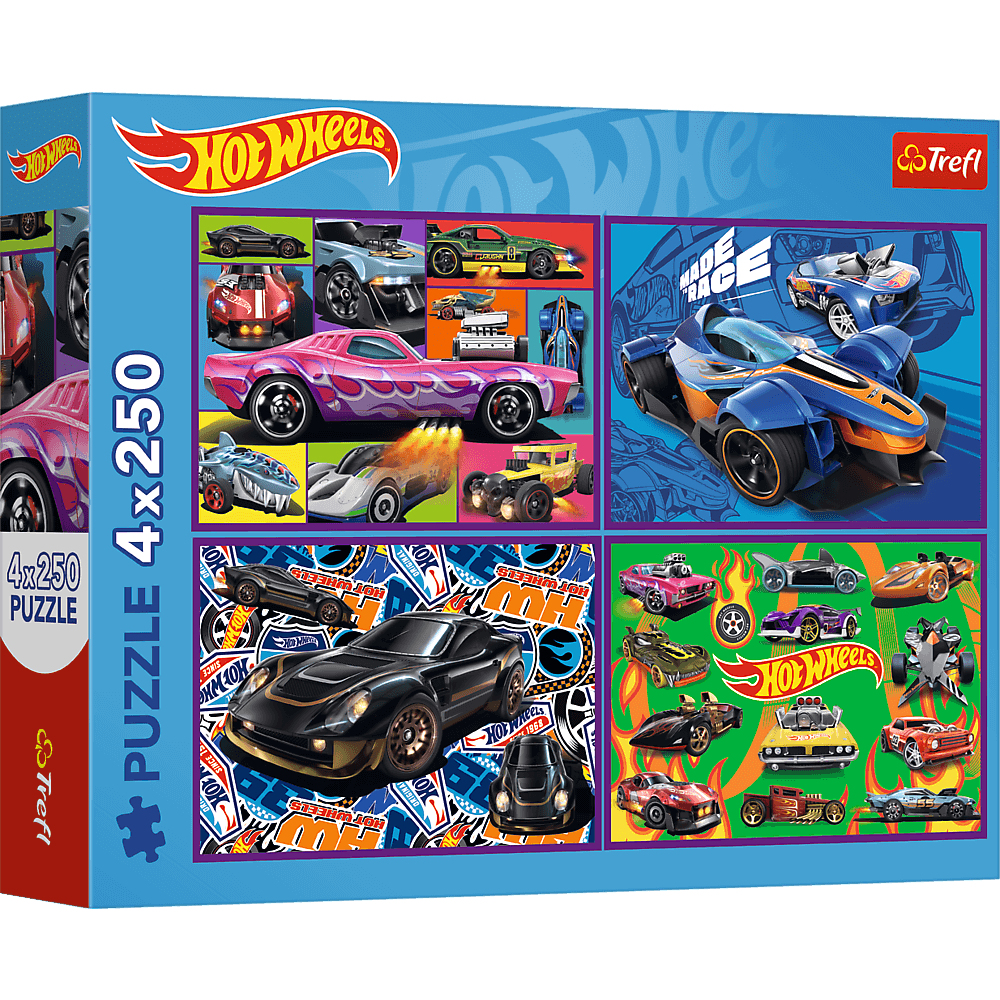 Une boîte de puzzle Hot Wheels. La boîte montre diverses voitures de course colorées. Le nom de la marque est visible en haut.