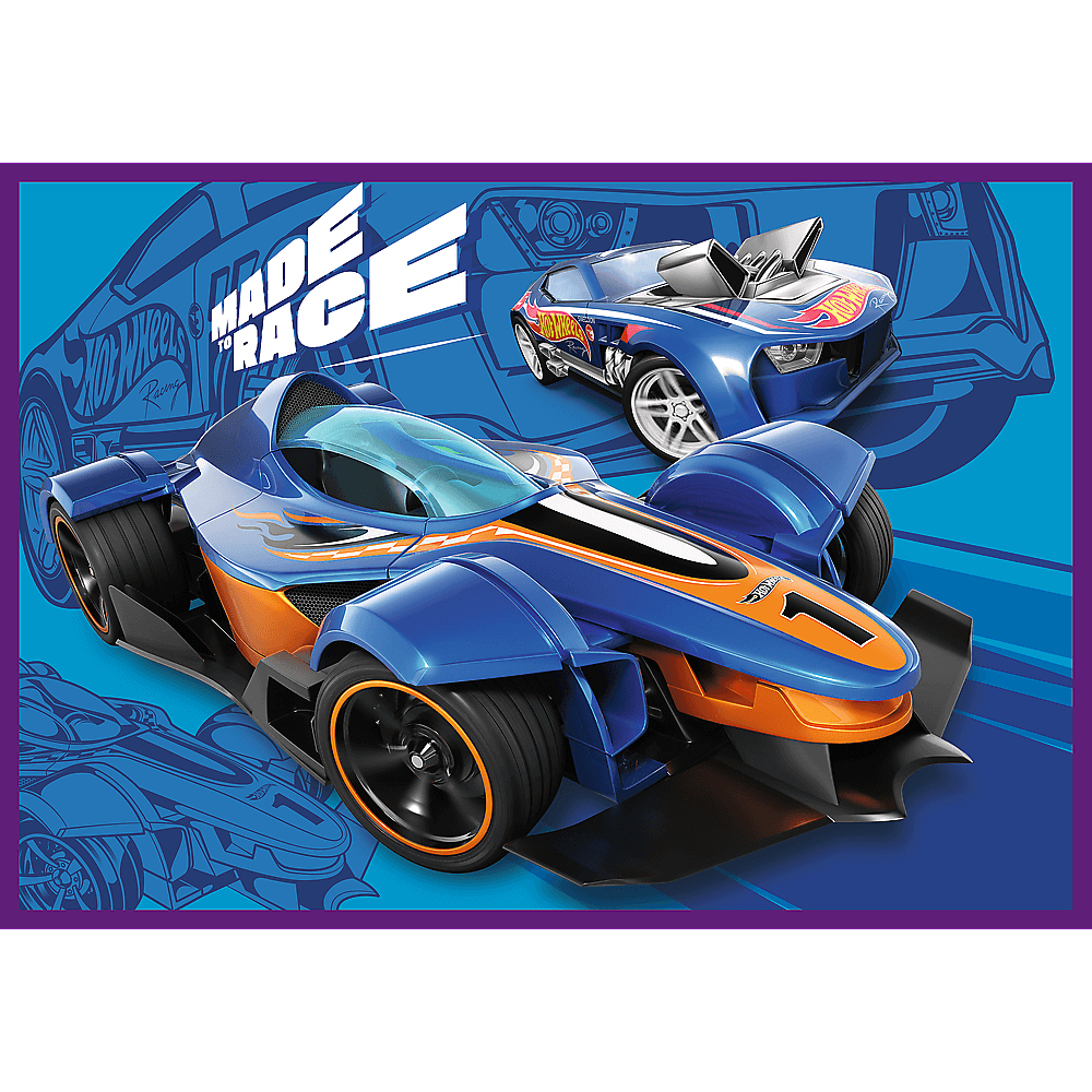 L'image présente deux voitures jouets, une bleue et orange devant, une bleue en arrière-plan. Le texte "MADE TO RACE" est visible.