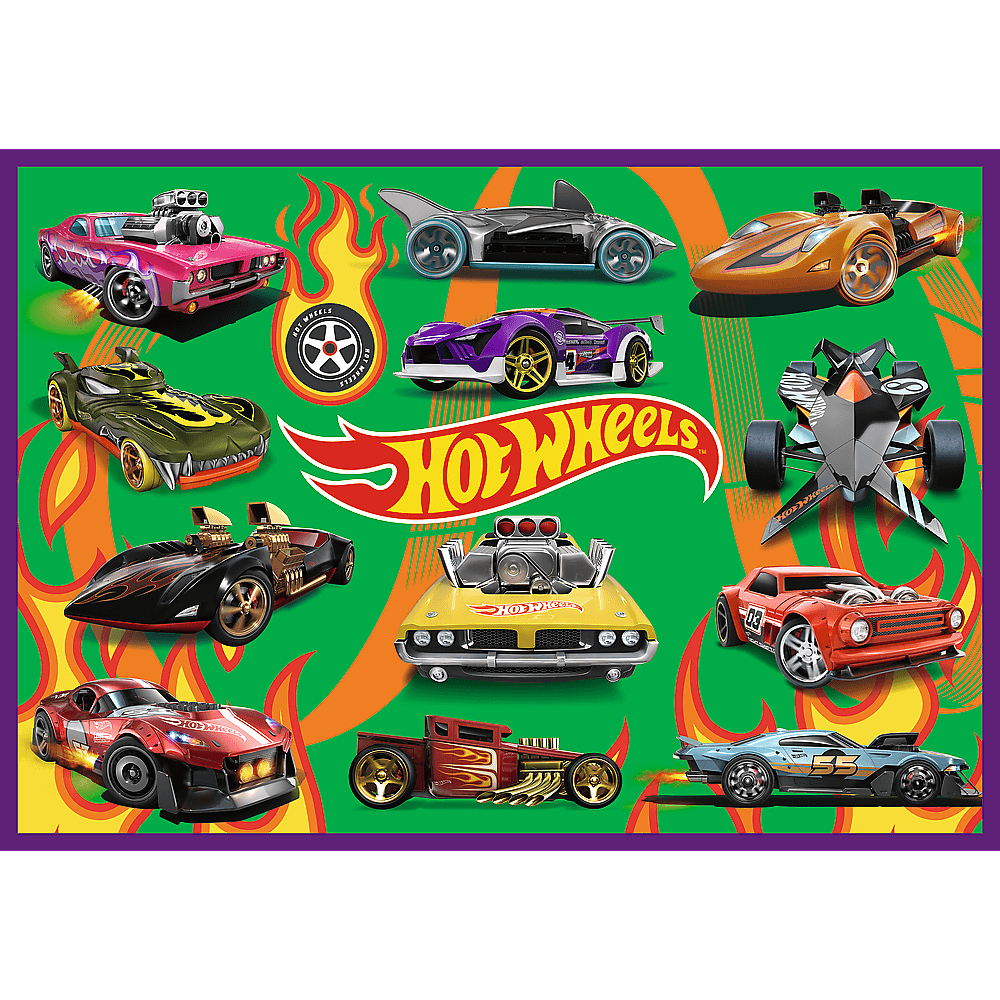 Une affiche avec diverses voitures Hot Wheels sur fond vert. Des flammes et le logo Hot Wheels sont également présents.