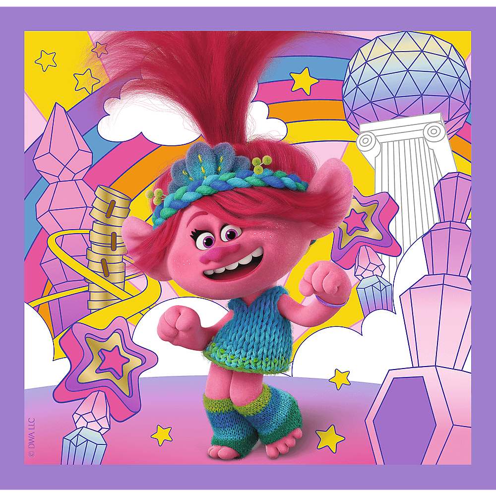 Ein rosa Troll mit roten Haaren und blauem Outfit lächelt. Der Hintergrund hat einen Regenbogen, Sterne und geometrische Formen.