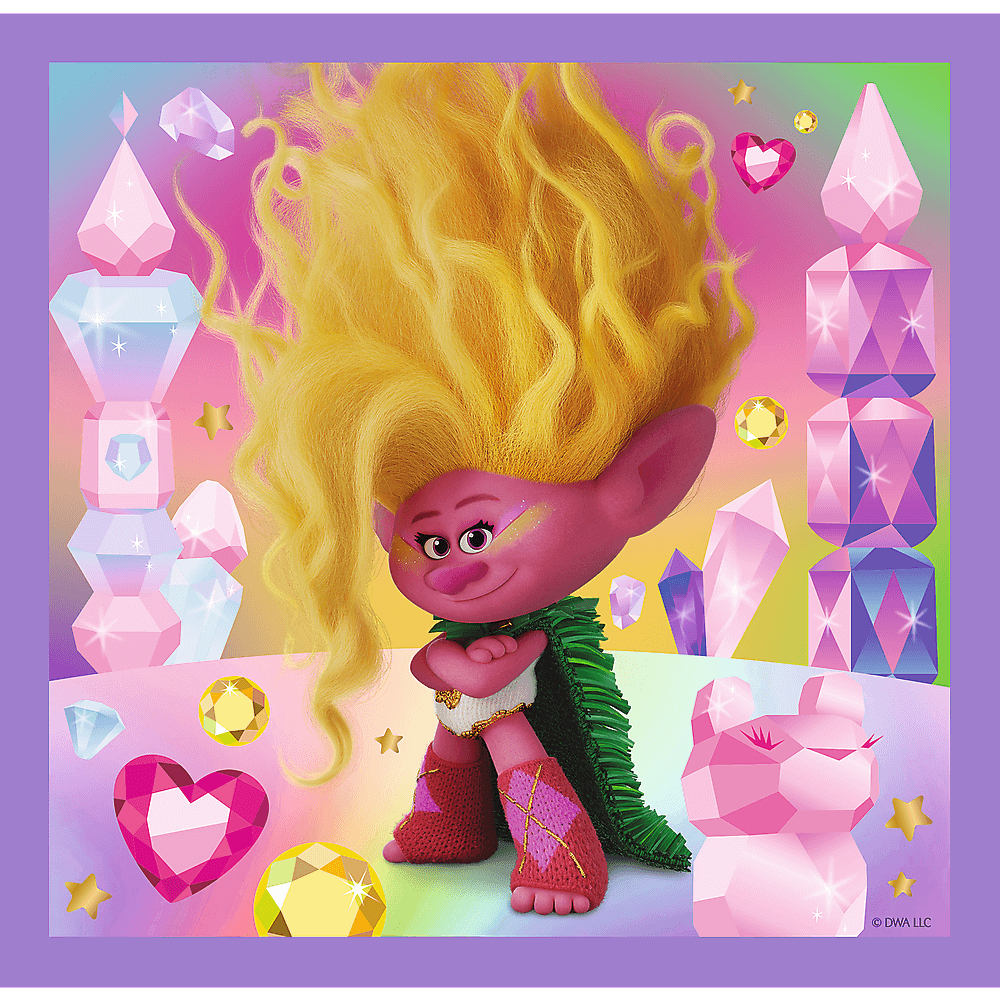 Ein rosafarbener Troll mit gelbem Haar und einem grünen Umhang steht inmitten von Edelsteinen und Sternen. Eine rosa bärenartige Figur ist ebenfalls vorhanden.