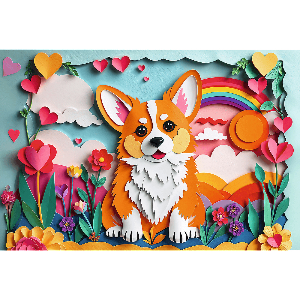 Ilustracja w stylu wycinanki przedstawiająca corgi siedzącego na kwiecistej łące, z tęczą, słońcem, sercami i chmurami w tle.
