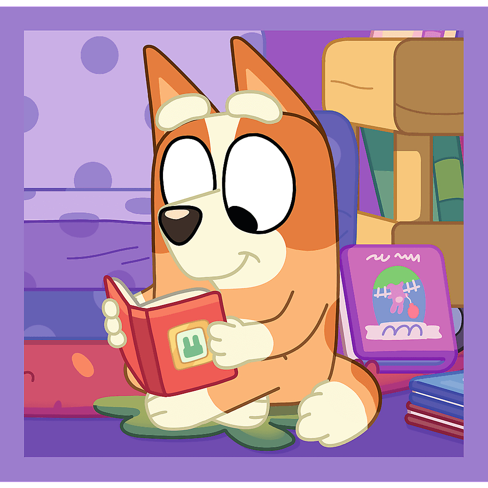 Ein orangefarbener Hund liest ein rotes Buch mit einem grünen Bild. Bücherregale und andere Bücher sind im Hintergrund. Der Hund lächelt.