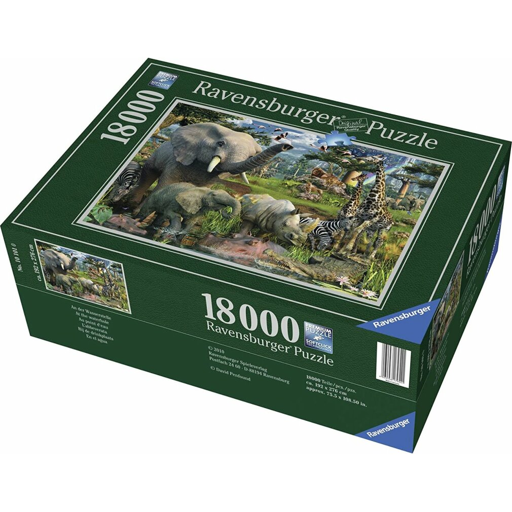 Puzzledose zeigt afrikanische Wildtiere: Elefanten, Zebras, Giraffen und Nashörner an einem Wasserloch. Die Box ist grün mit Text.