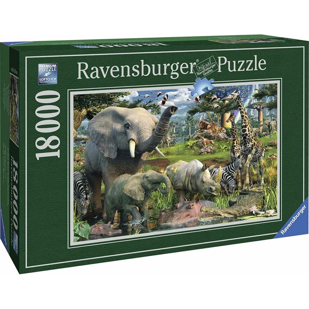 Puzzledose mit einer afrikanischen Savannenlandschaft. Elefanten, Giraffen, Zebras, Nashörner, Flusspferde und ein Krokodil sind abgebildet.