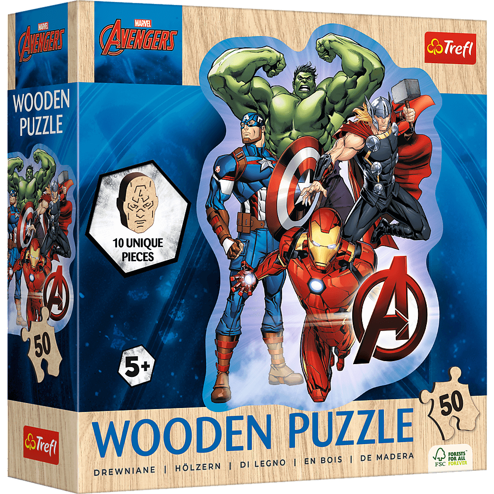 Une boîte de puzzle en bois Marvel Avengers. Avec Captain America, Hulk, Iron Man et Thor. Contient 50 pièces et est pour 5+.