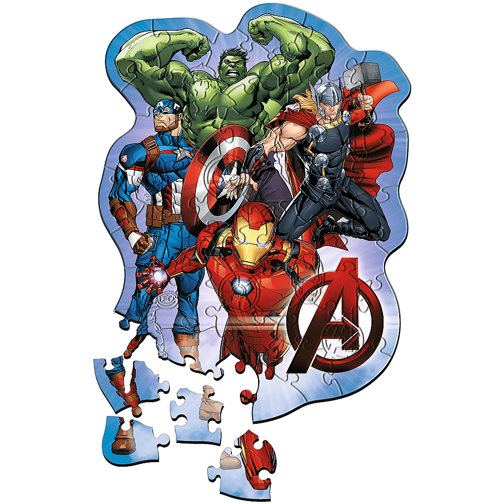 Puzzle des personnages Avengers : Hulk, Captain America, Iron Man, Thor. Logo Avengers et pièces.