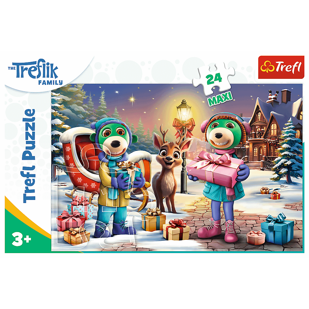 Puzzle Trefl przedstawia kreskówkowe misie i jelenia z prezentami w zaśnieżonej scenerii świątecznej. W tle sanie i dom.