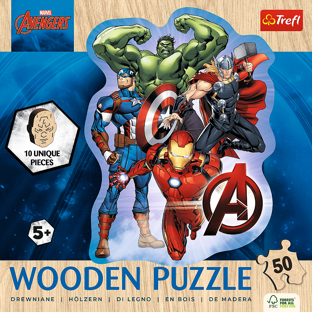 Boîte de puzzle avec les personnages des Avengers. Hulk, Captain America, Iron Man et Thor sont représentés. Le puzzle compte 50 pièces et convient aux enfants de 5 ans et plus.