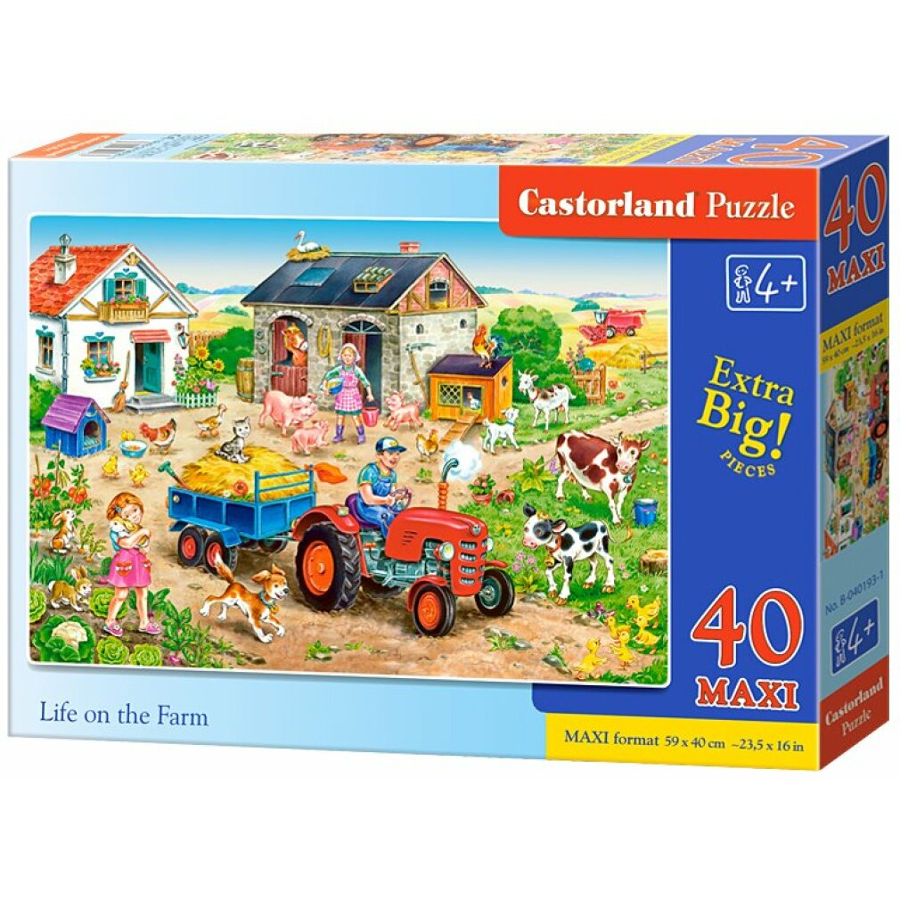 Ein Bauernhof-Puzzle zeigt einen Traktor, Tiere wie Kühe, Schweine und Hühner sowie zwei Kinder. Im Hintergrund befinden sich eine Scheune und Häuser.