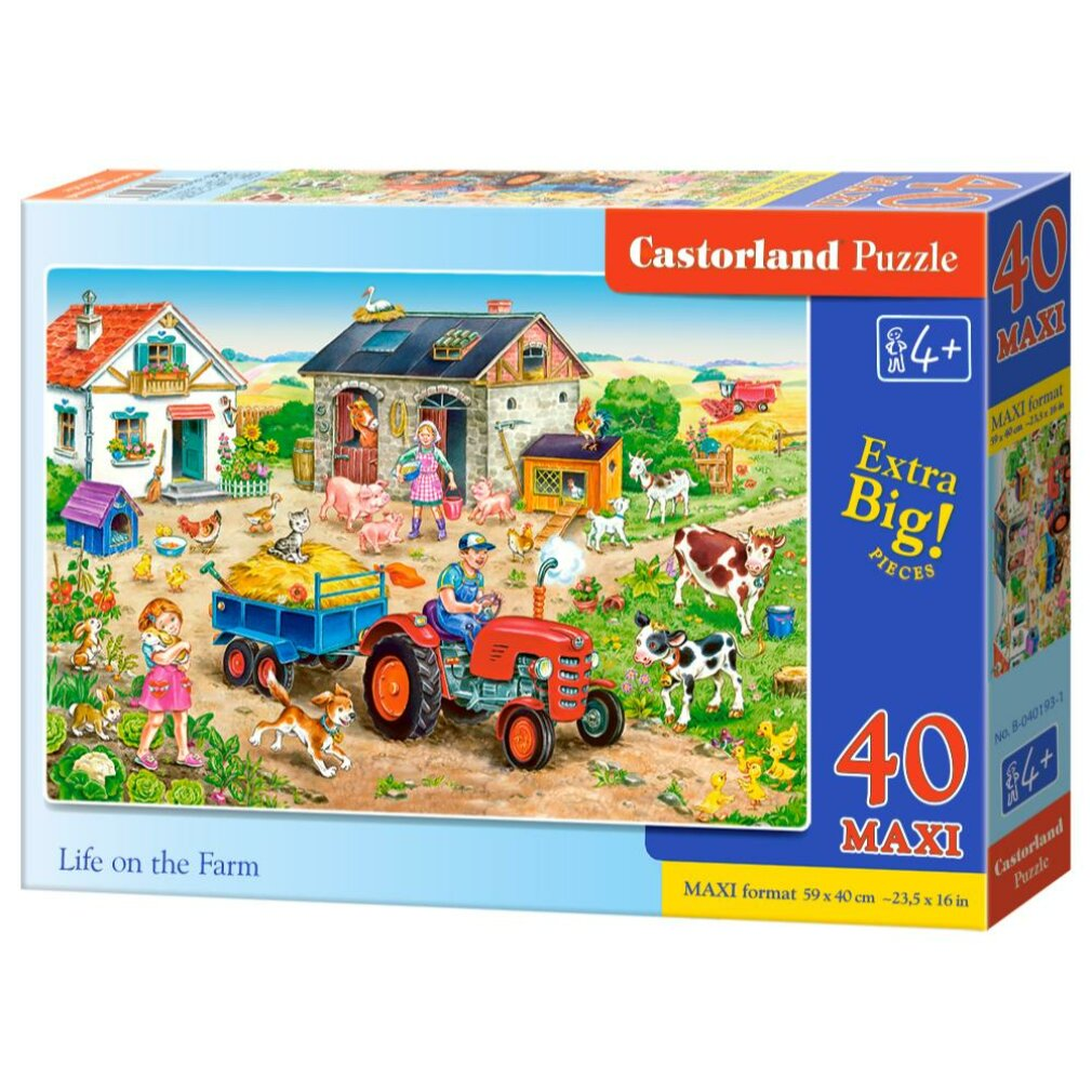 Eine Puzzleschachtel zeigt eine Bauernhofszene mit Traktor, Tieren und Kindern. Auf der Schachtel steht 'Life on the Farm' und 'Castorland Puzzle'.