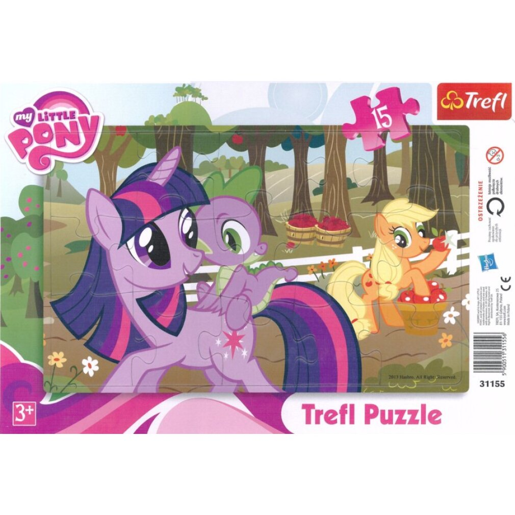 Ein My Little Pony-Puzzle. Twilight Sparkle, Spike und Applejack in einer Waldszene. Äpfel in Körben, Puzzleteile sind sichtbar.