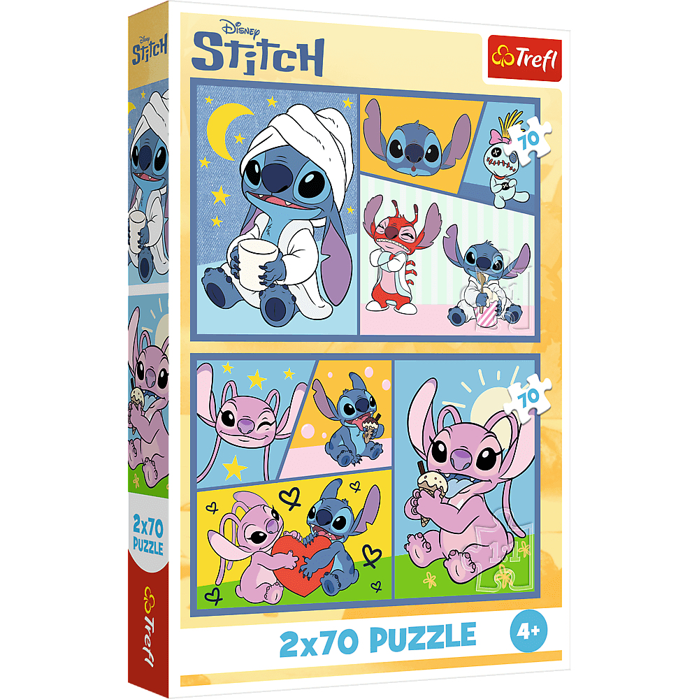 Une boîte de puzzle Stitch. Elle montre divers personnages de Stitch dans différentes poses. La boîte a un logo Trefl et est pour les 4 ans et plus.