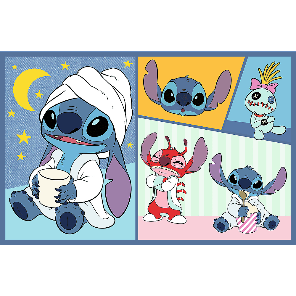 Personnages de Stitch dans diverses poses. Un en peignoir avec une tasse, d'autres avec des expressions différentes. Arrière-plans bleus, jaunes et verts.