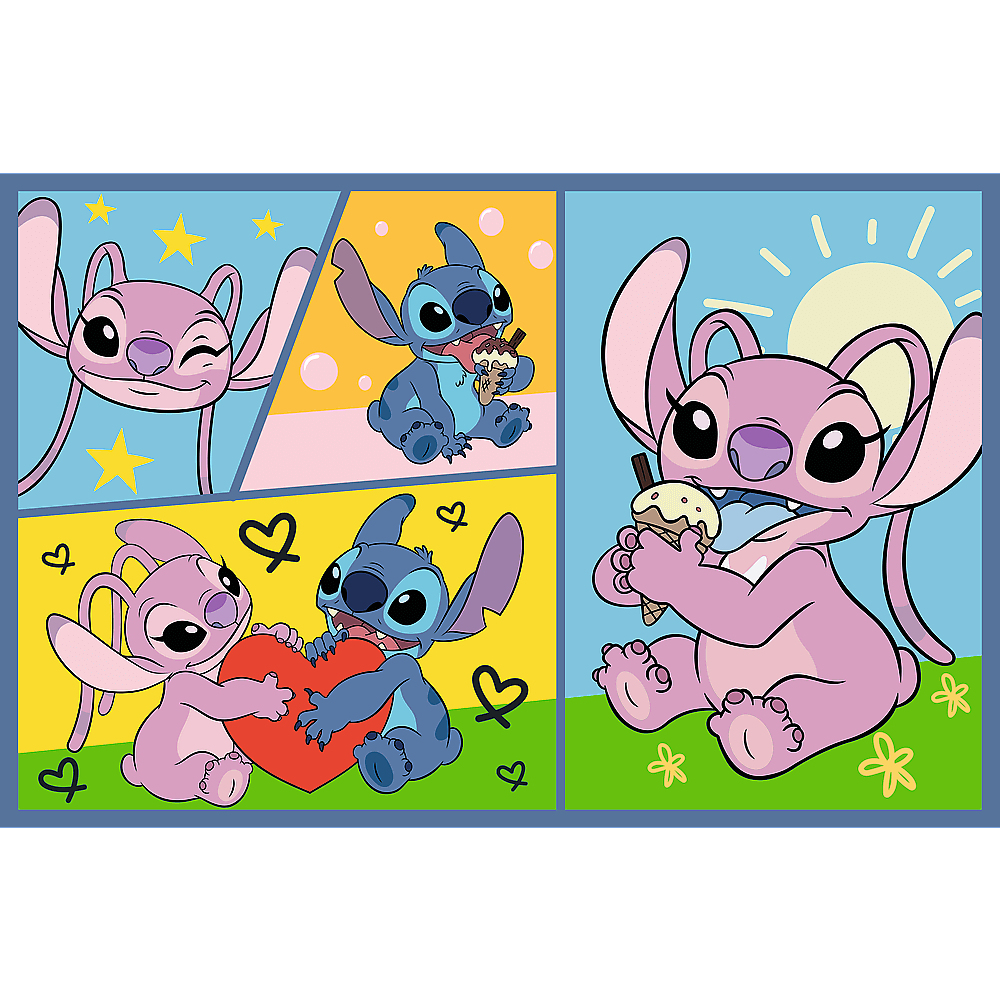 L'image montre les personnages Stitch et Angel dans différentes poses, certains mangeant de la glace, d'autres avec un cœur, le tout sur des fonds colorés.