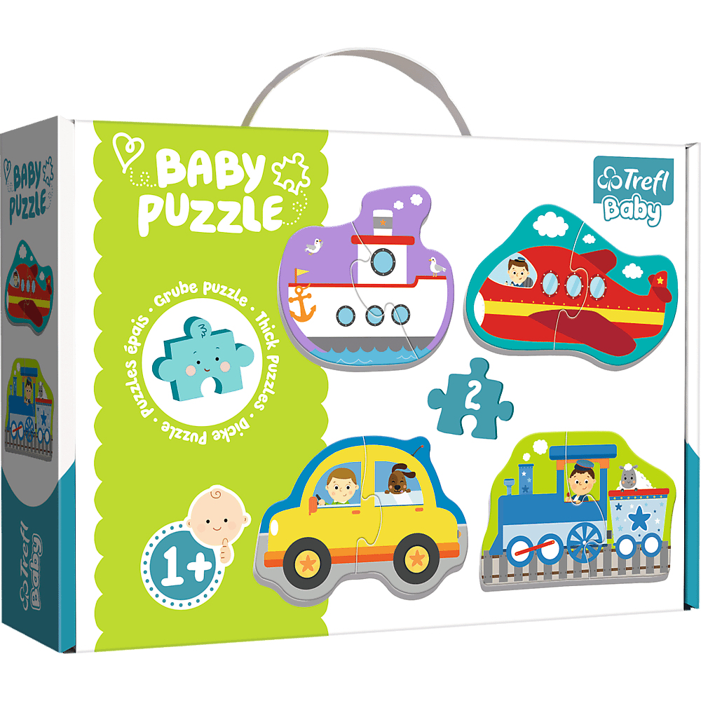 Een baby puzzeldoos met boot-, vliegtuig-, auto- en trein puzzels. De doos is wit, groen en geel, met het merk Trefl.