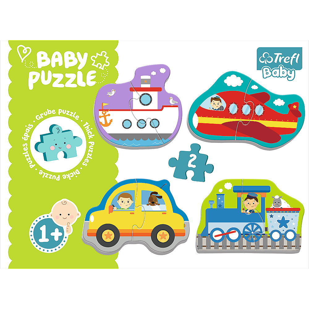Een babypuzzel met een boot, vliegtuig, auto en trein. Elke puzzel heeft een persoon of dier. De achtergrond is wit en groen.
