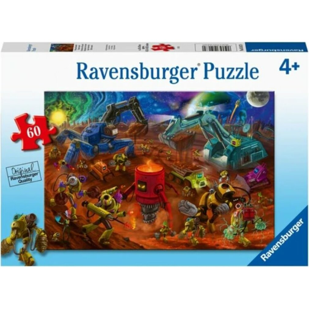 Puzzle Ravensburger con robot e veicoli da costruzione su un pianeta. Include un robot rosso e un escavatore blu.