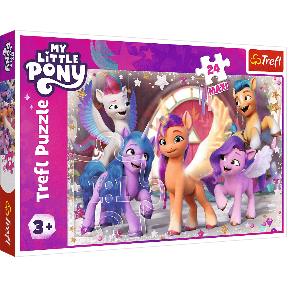 Une boîte de puzzle My Little Pony. Elle montre six poneys avec des ailes. Le fond est rose avec des étoiles et une pièce de puzzle.